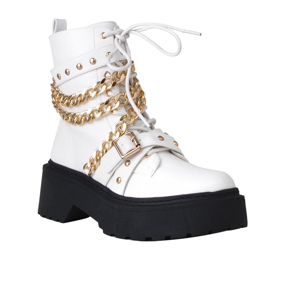 White women closed booties with golden chain and white laces-corner view