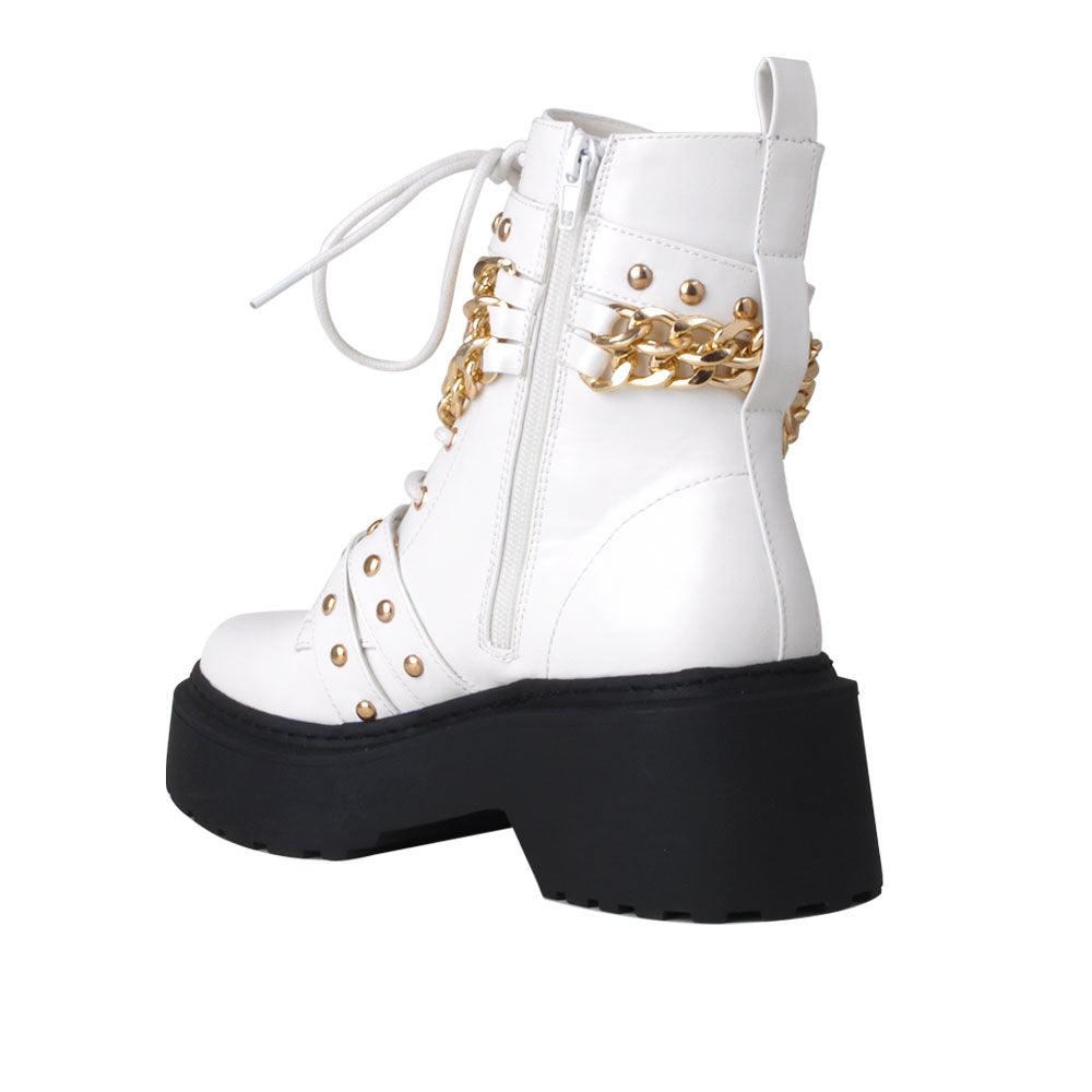 White women closed booties with golden chain and white laces-posterior view