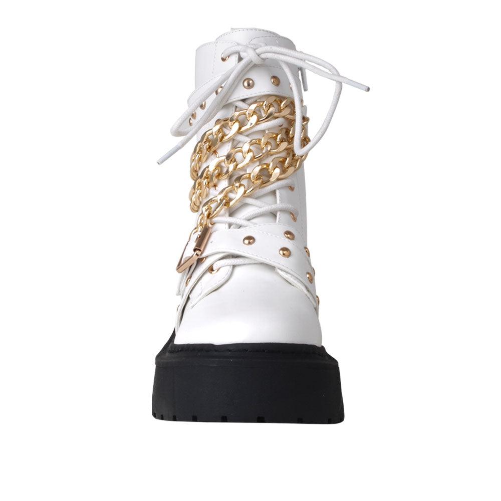 White women closed booties with golden chain and white laces-front view