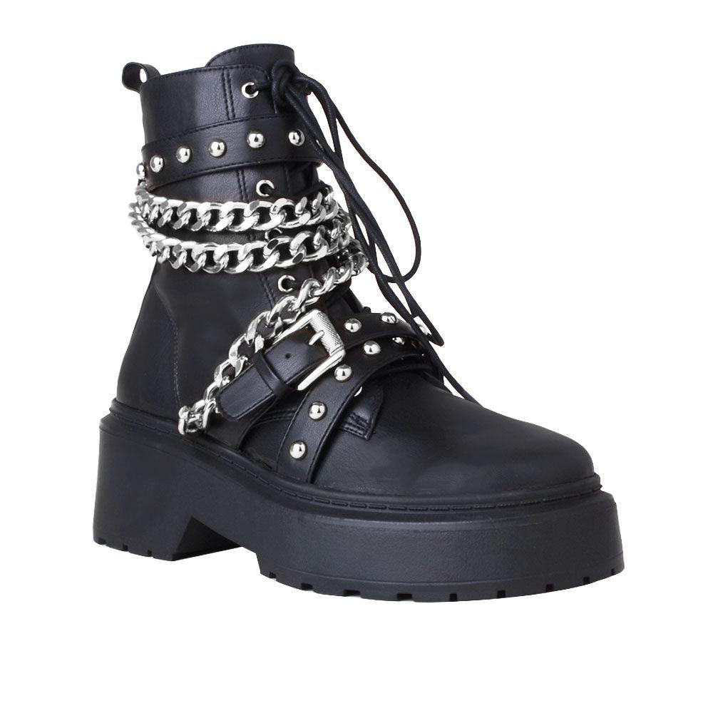 Black women closed booties with silver chain and black laces-corner view