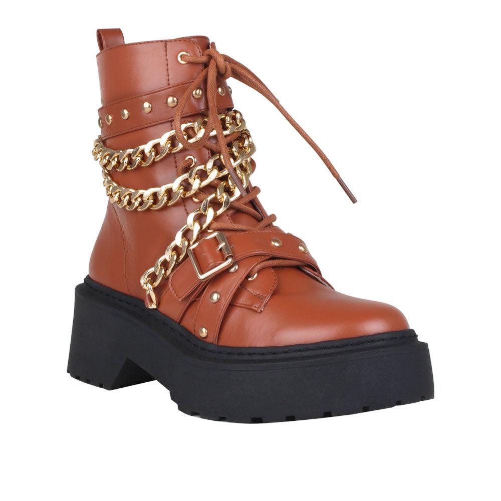 Cognac women closed booties with golden chain and cognac laces-corner view