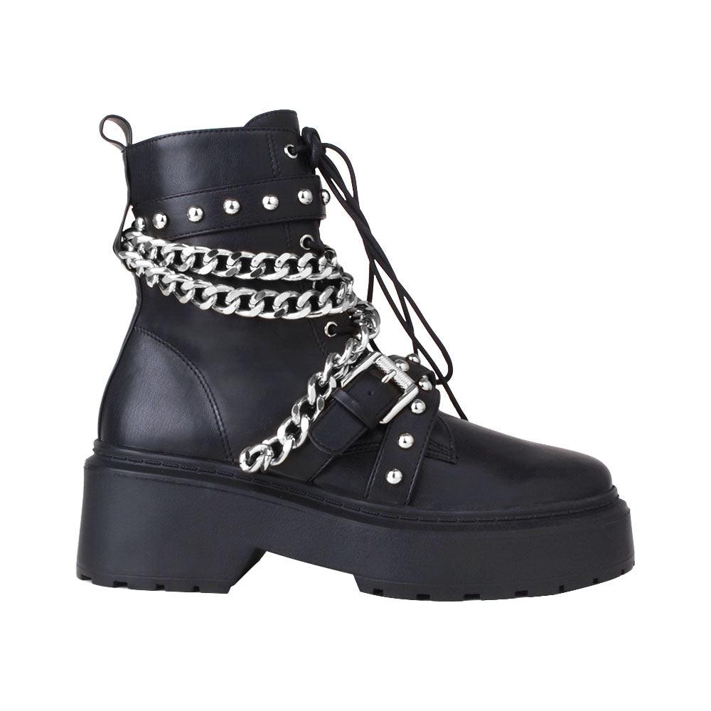 Black women closed booties with silver chain and black laces-side view