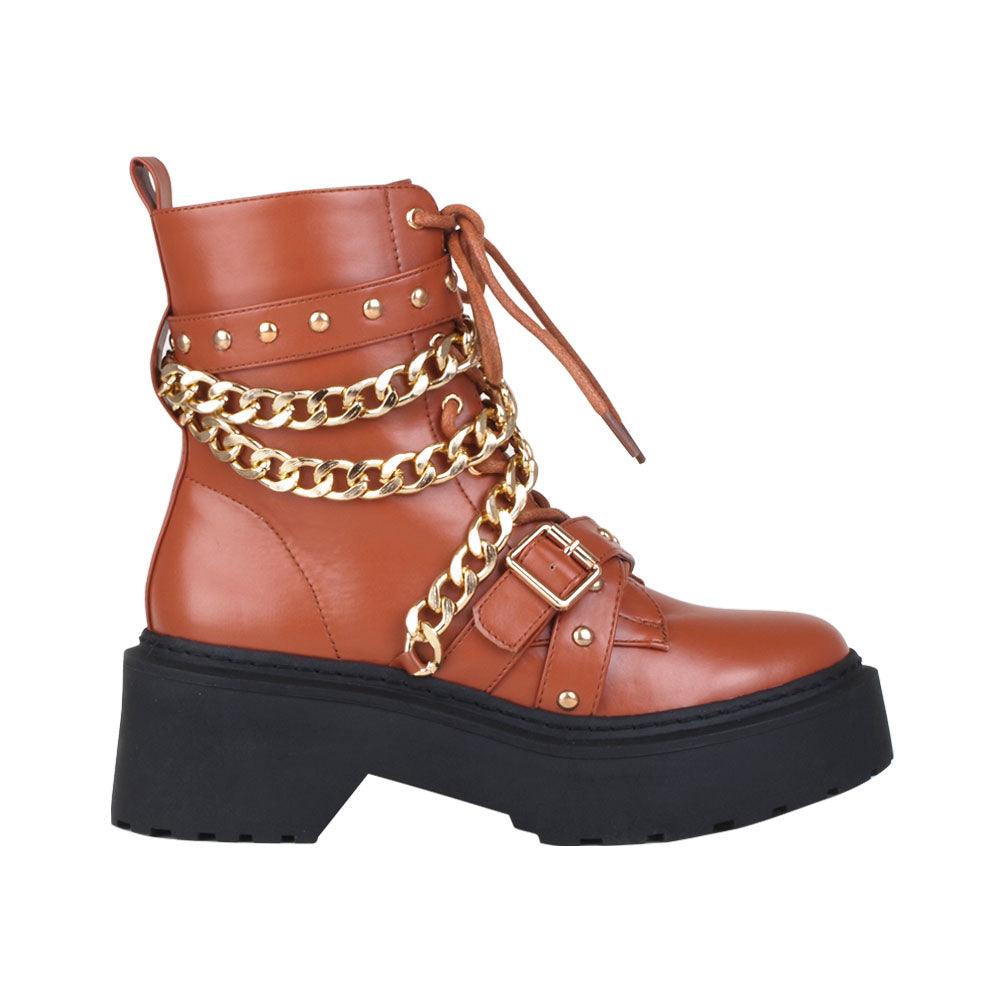 Cognac women closed booties with golden chain and cognac laces-side view