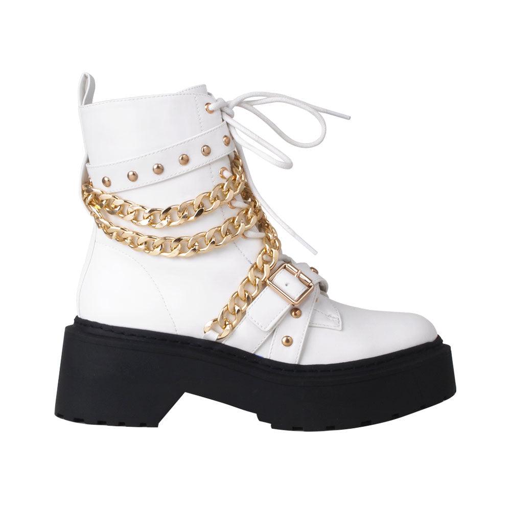 White women closed booties with golden chain and white laces-side view