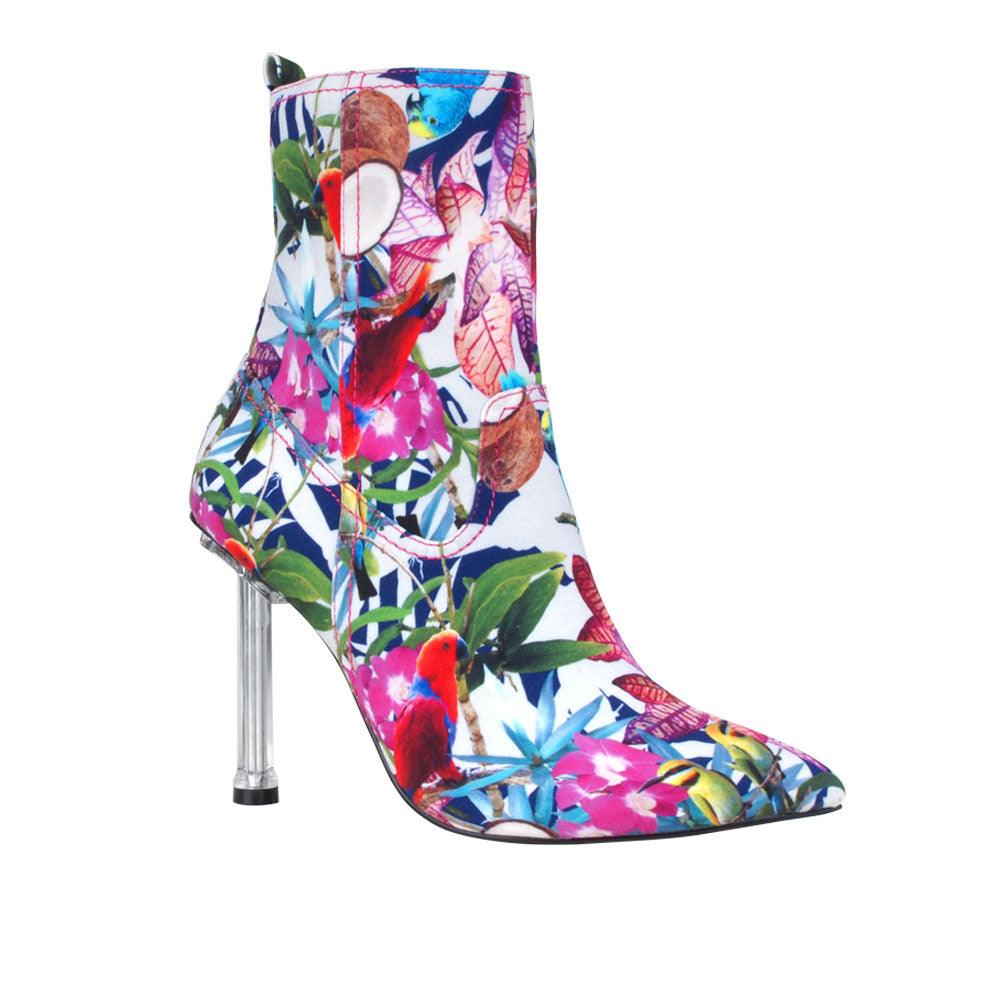 Multicolor denim women booties with stilleto silver heel-corner view