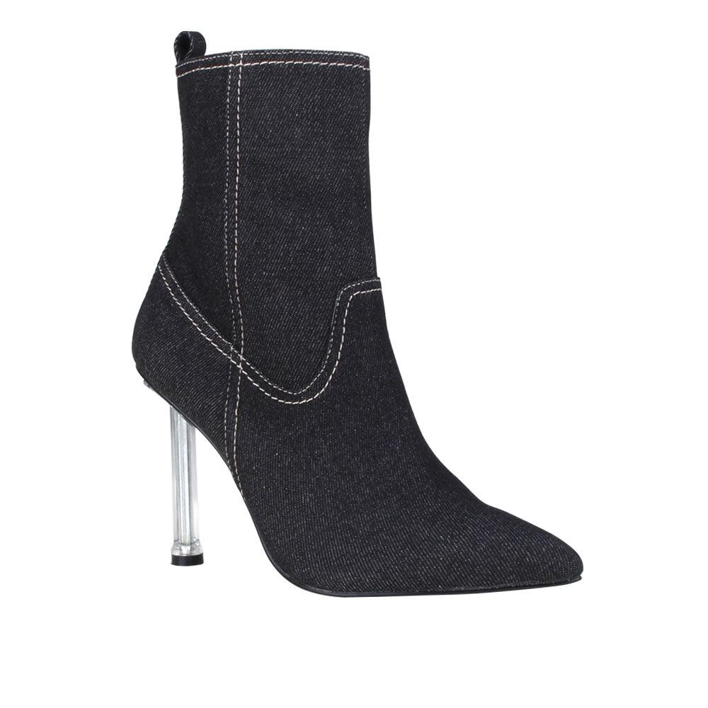 Black denim women booties with stilleto silver heel-corner view