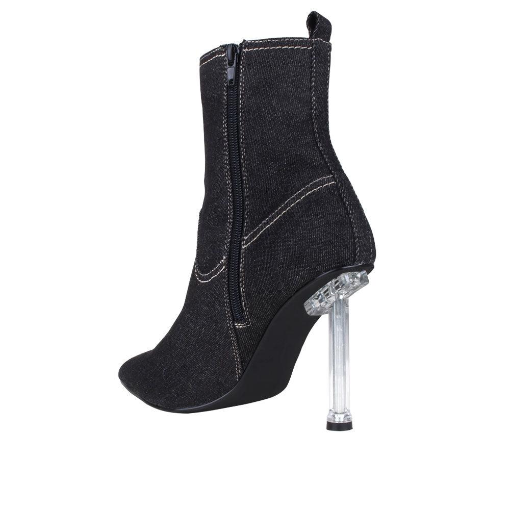 Black denim women booties with stilleto silver heel-posterior view