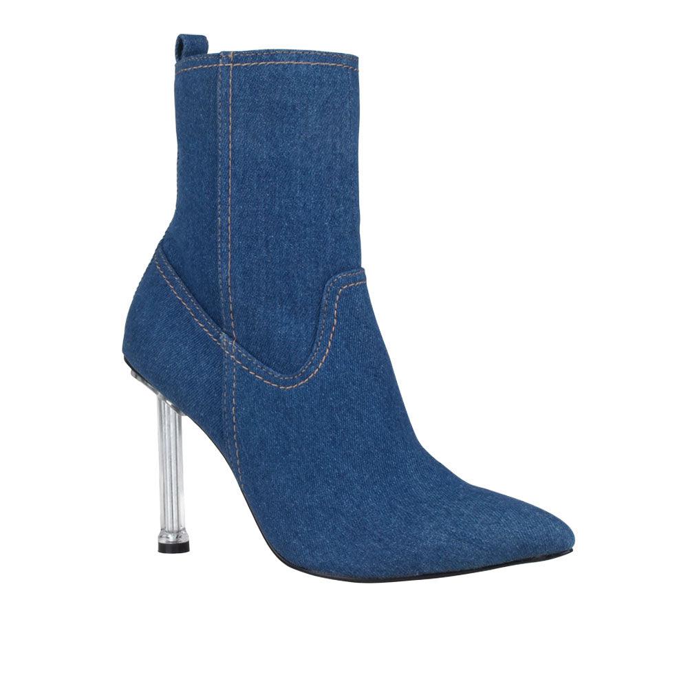 Blue denim women booties with stilleto silver heel-corner view