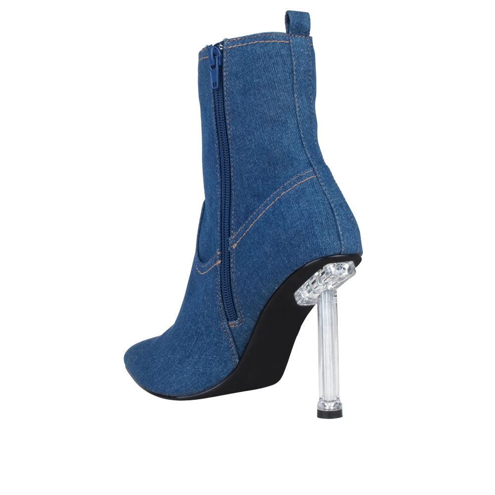 Blue denim women booties with stilleto silver heel-posterior view