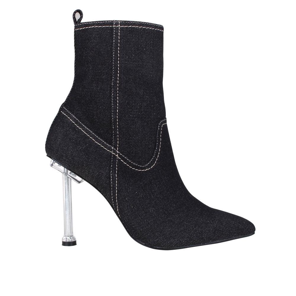 Black denim women booties with stilleto silver heel-side view