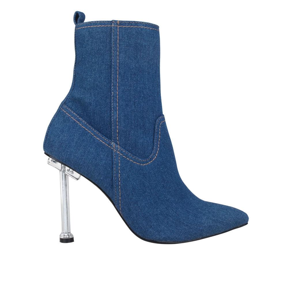 Blue denim women booties with stilleto silver heel-side view