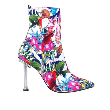 Multicolor denim women booties with stilleto silver heel-side view