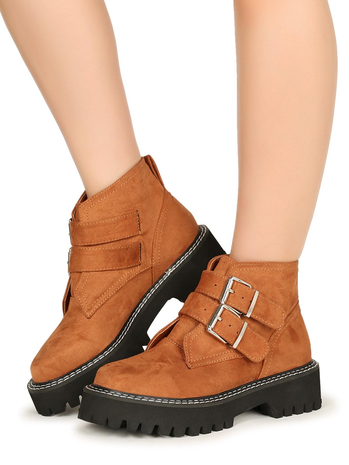 Tan women booties with black platform