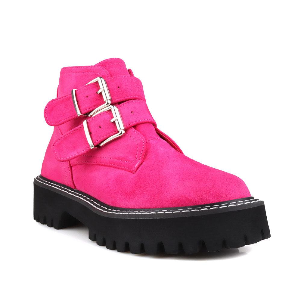 Pink women booties with black platform-corner view