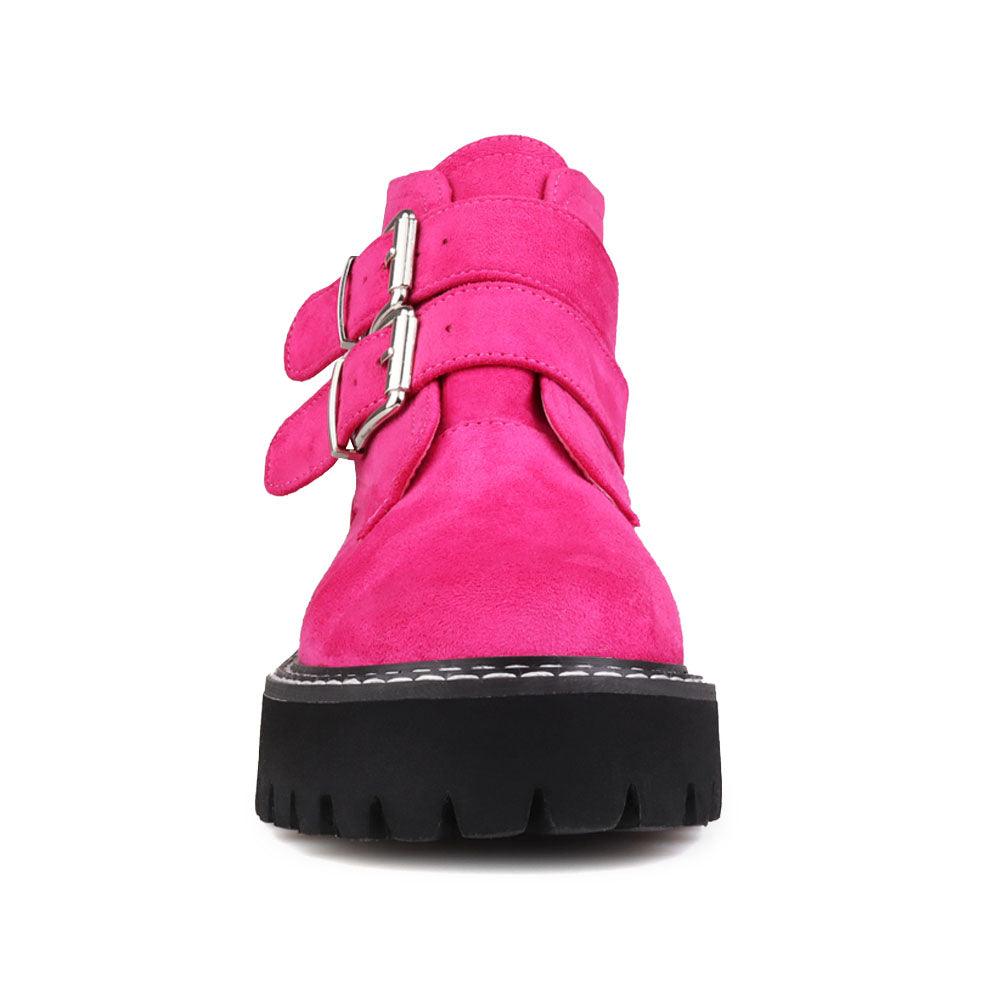 Pink women booties with black platform-front view