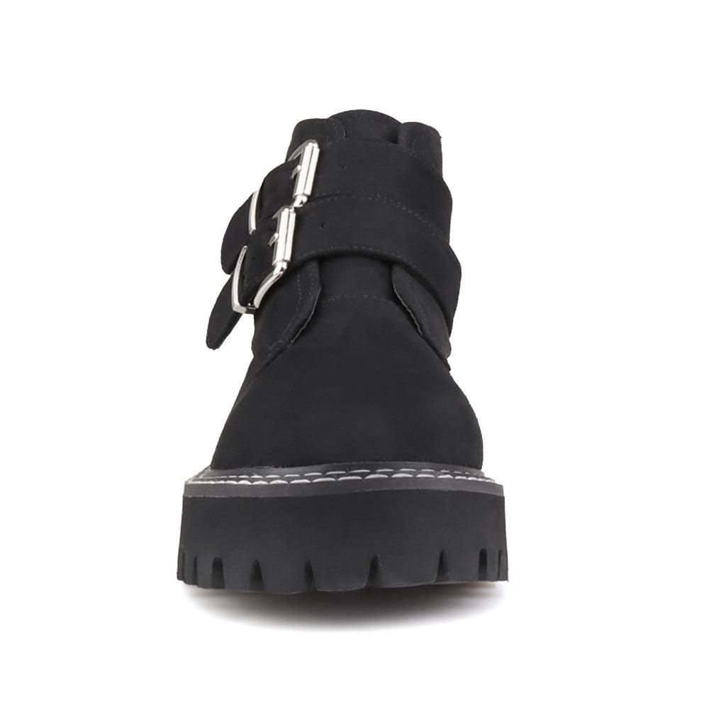 Black women booties with black platform-front view