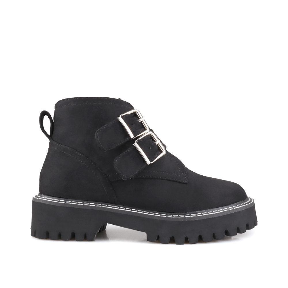 Black women booties with black platform-side view