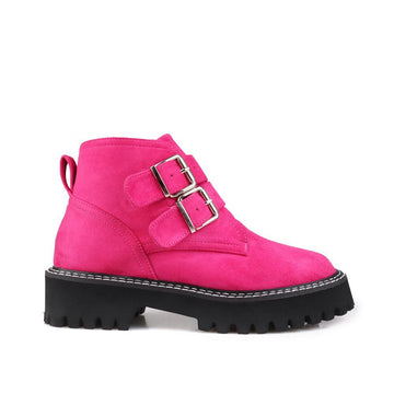 Pink women booties with black platform-side view