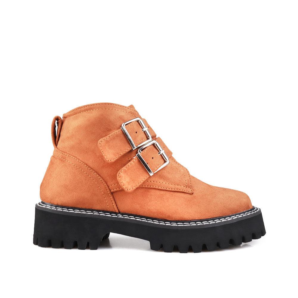 Tan women booties with black platform-side view