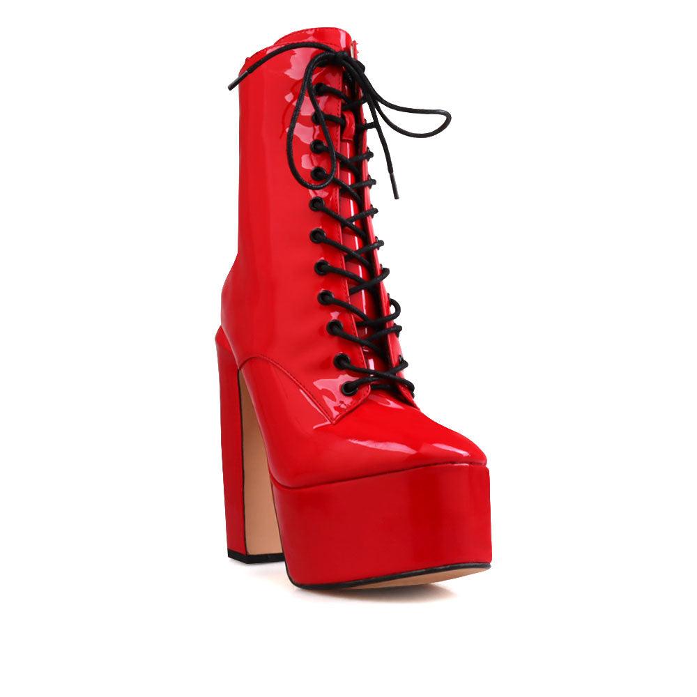 Vegan leather women's block heel with lace front in red-corner view