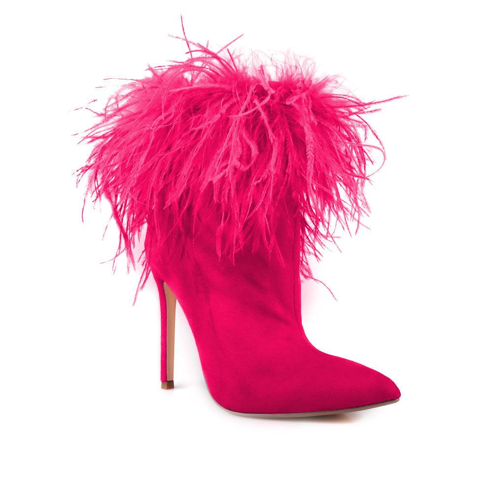 Faux feather wraps women heel in fuchsia with velvet upper-corner view