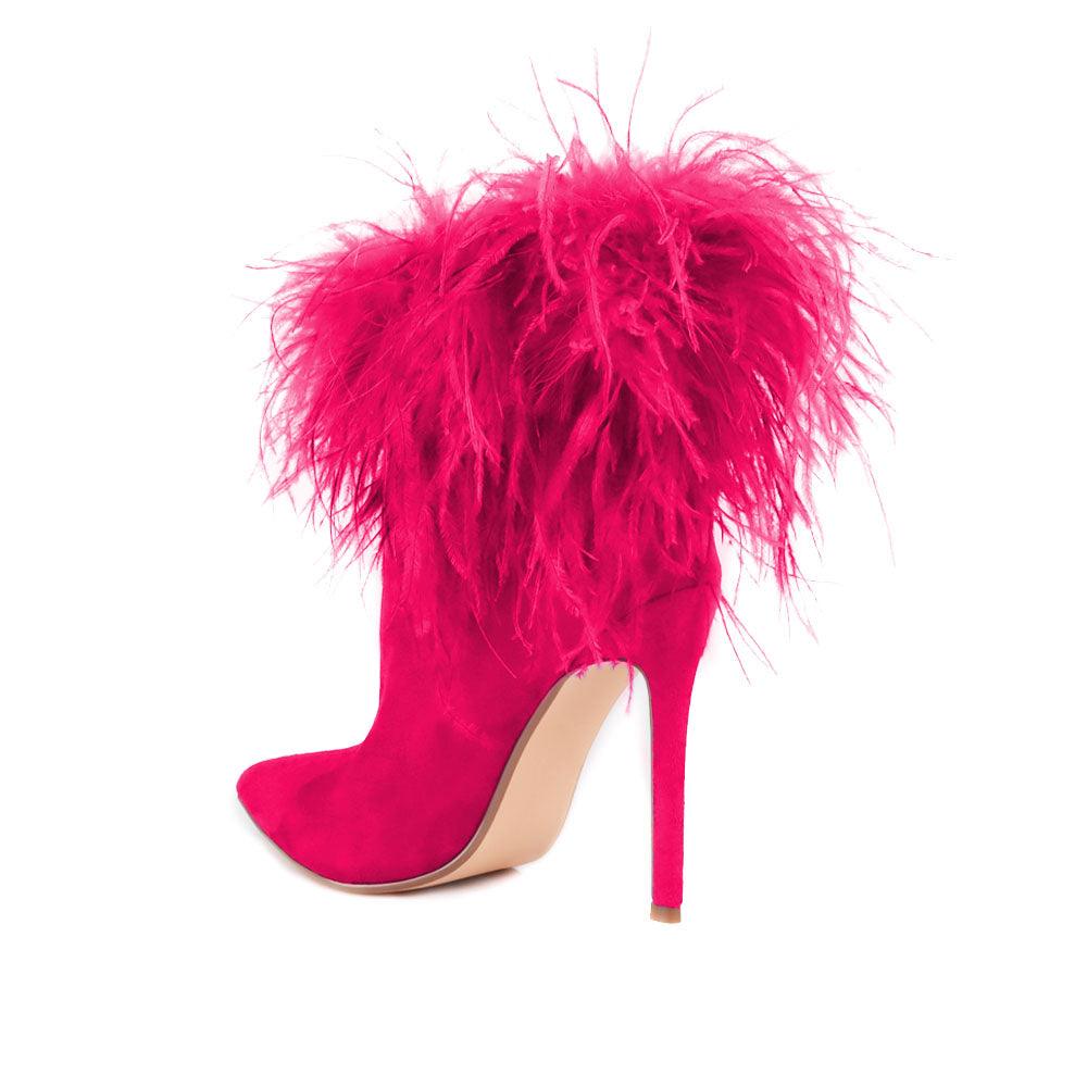 Faux feather wraps women heel in fuchsia with velvet upper-posterior view