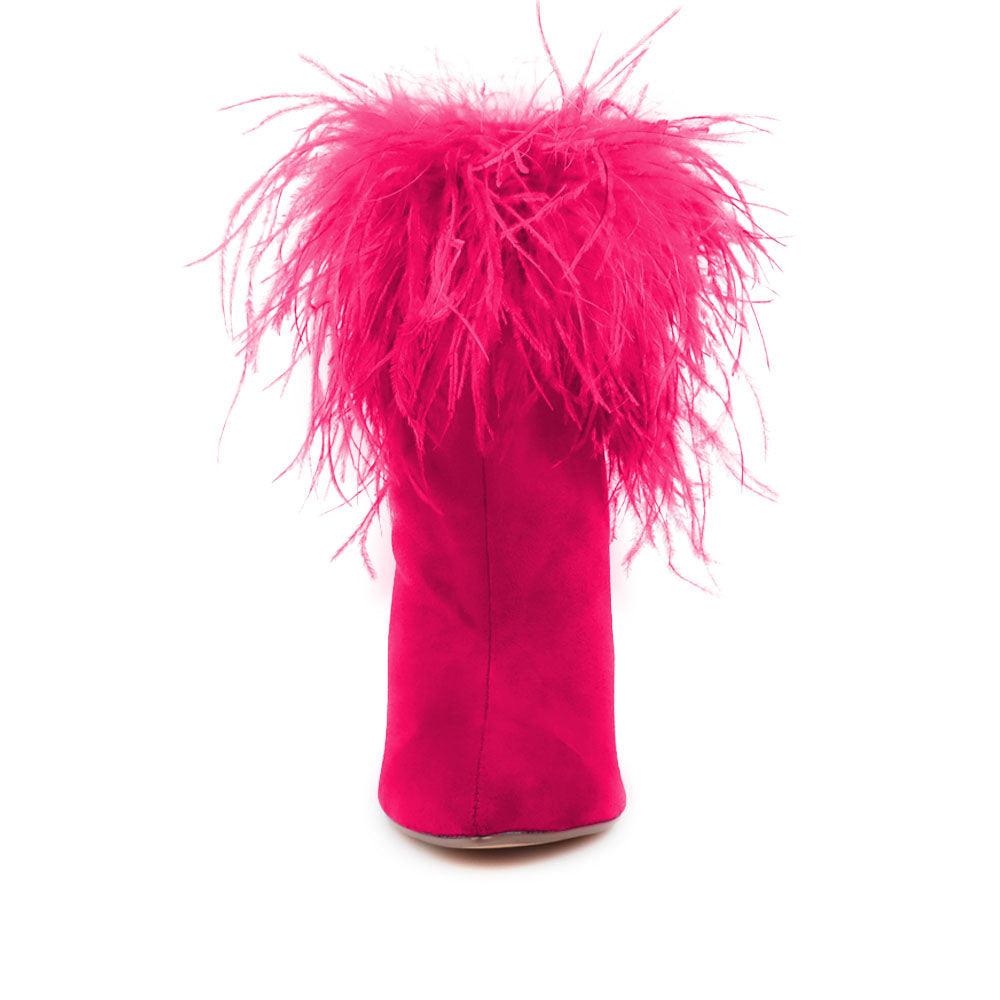 Faux feather wraps women heel in fuchsia with velvet upper-front view