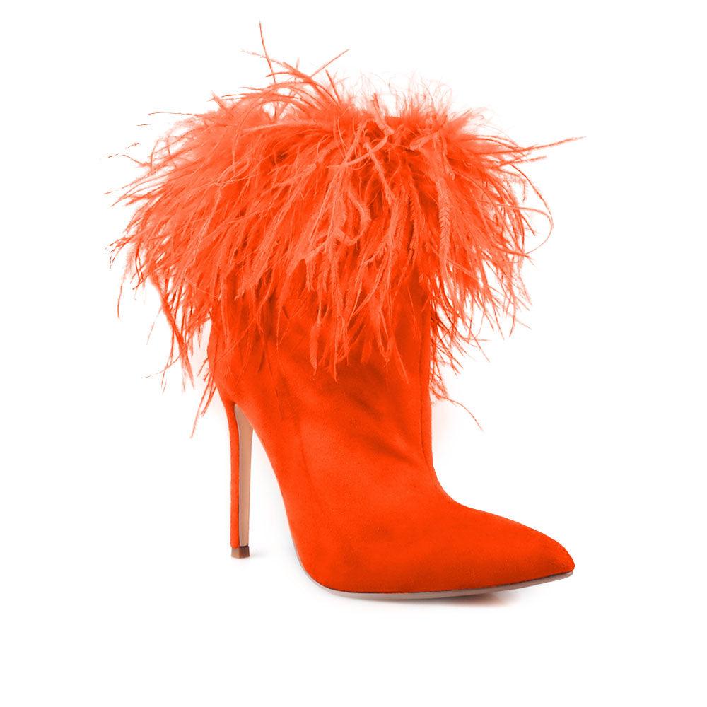 Faux feather wraps women heel in orange with velvet upper-corner view