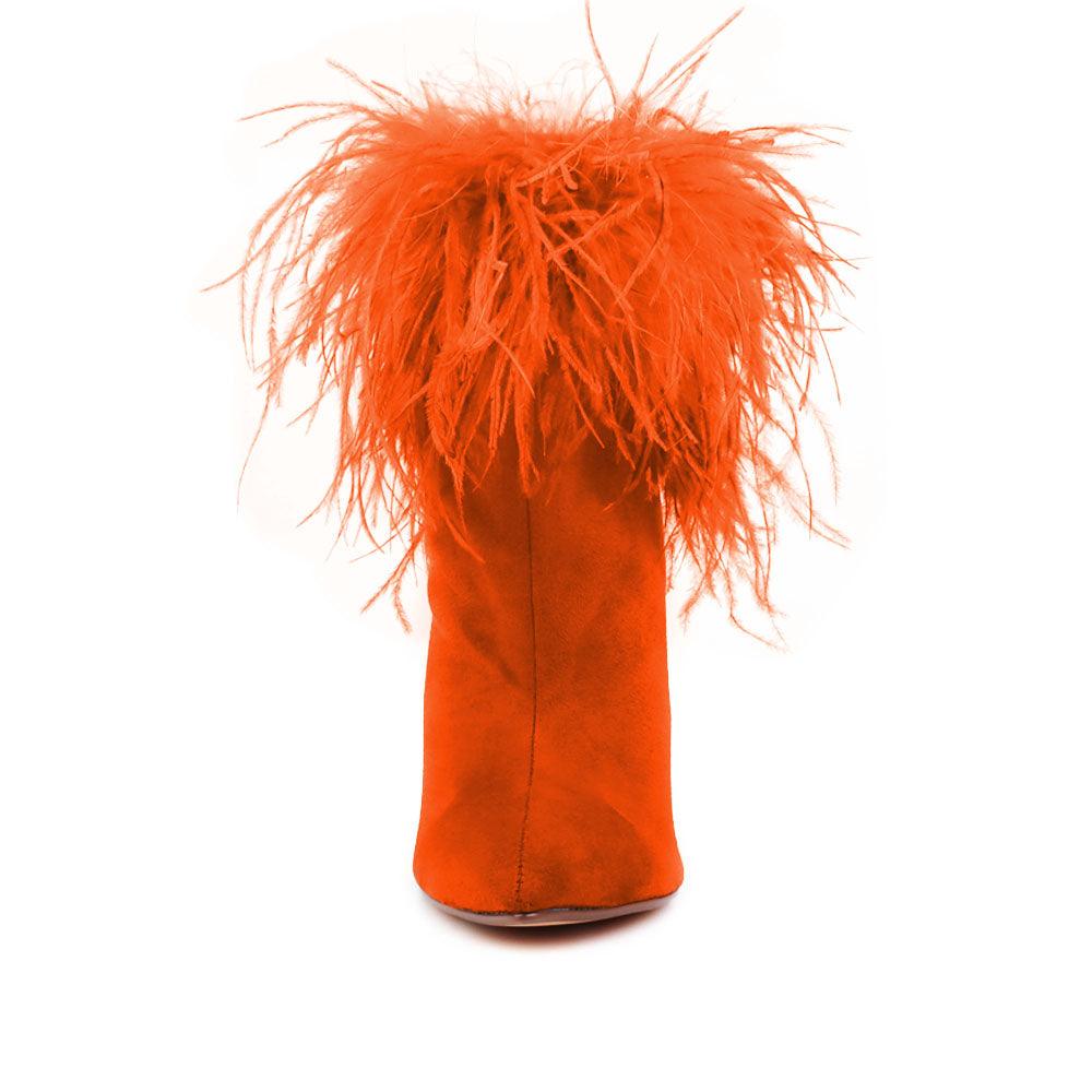 Faux feather wraps women heel in orange with velvet upper-front view