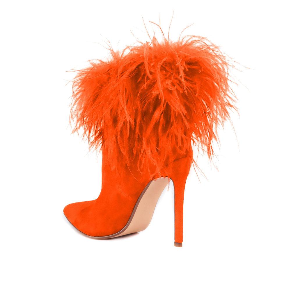 Faux feather wraps women heel in orange with velvet upper-posterior view