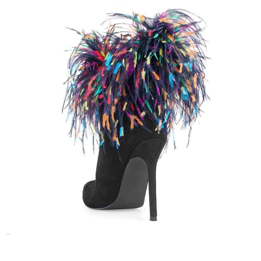 Faux feather wraps women heel in black with velvet upper-posterior view