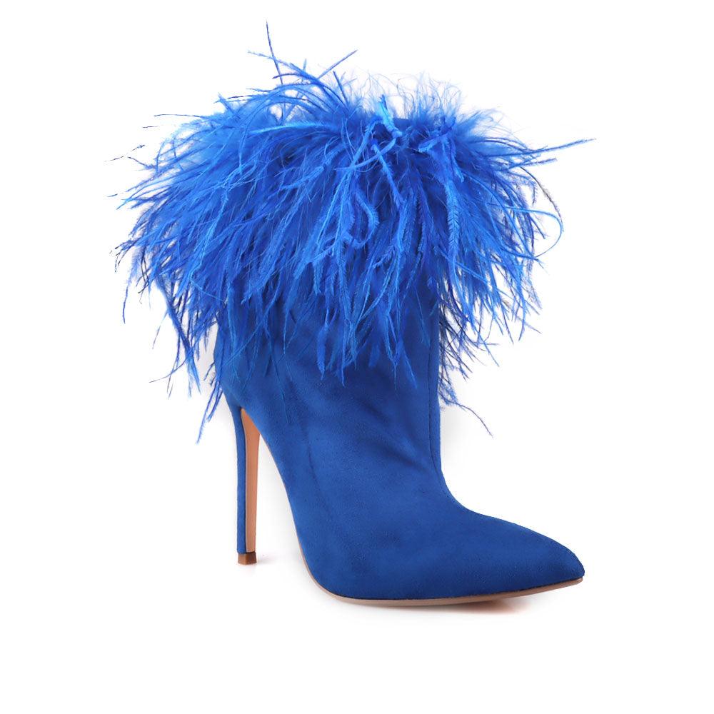 Faux feather wraps women heel in blue with velvet upper-corner view