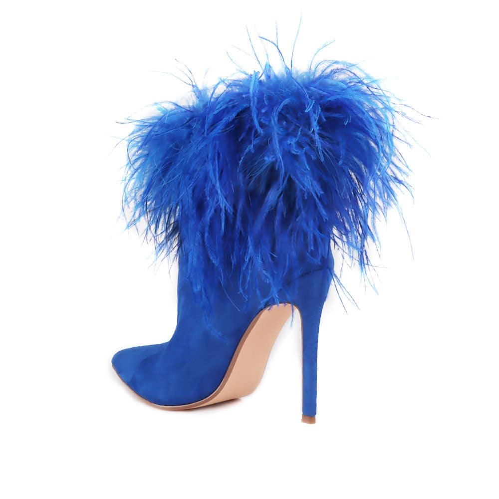 Faux feather wraps women heel in blue with velvet upper-posterior view