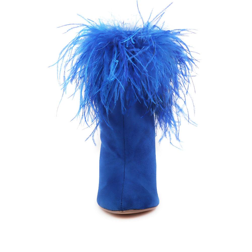 Faux feather wraps women heel in blue with velvet upper-front view