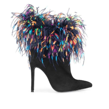 Faux feather wraps women heel in black with velvet upper-side view