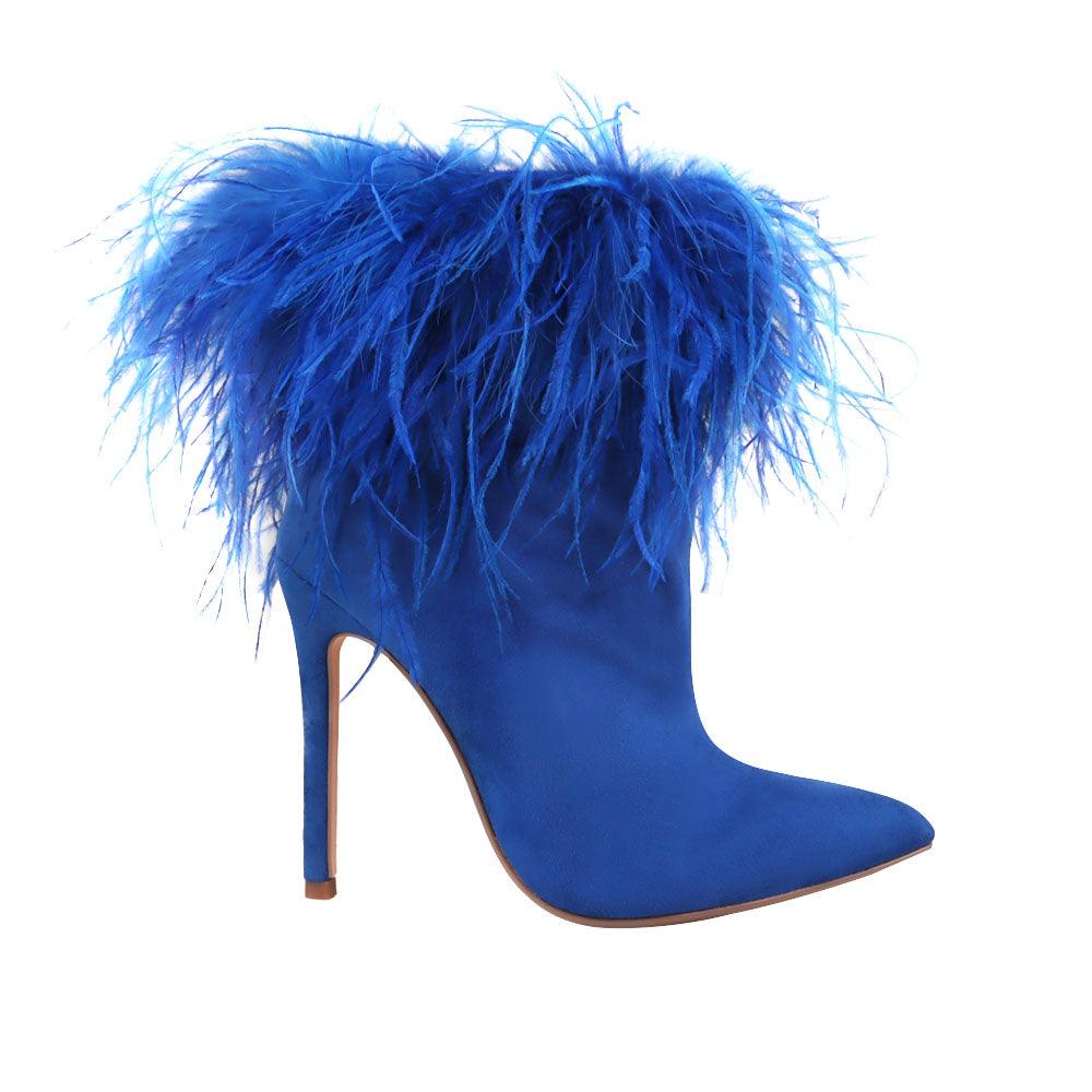 Faux feather wraps women heel in blue with velvet upper-side view