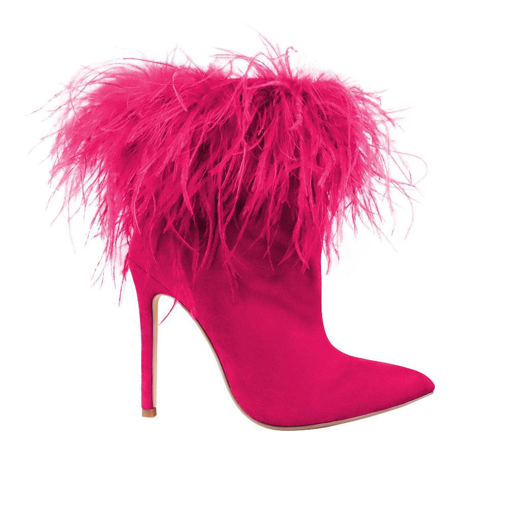 Faux feather wraps women heel in fuchsia with velvet upper-side view