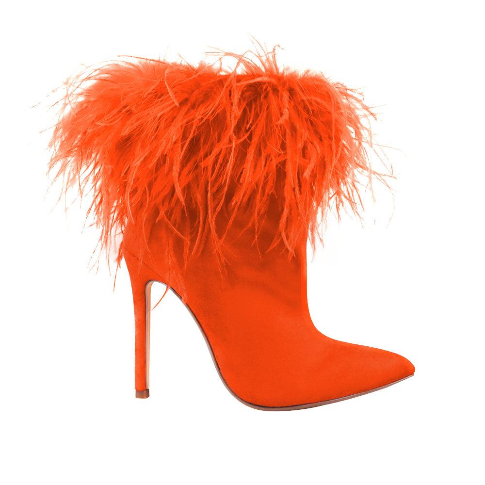 Faux feather wraps women heel in orange with velvet upper-side view