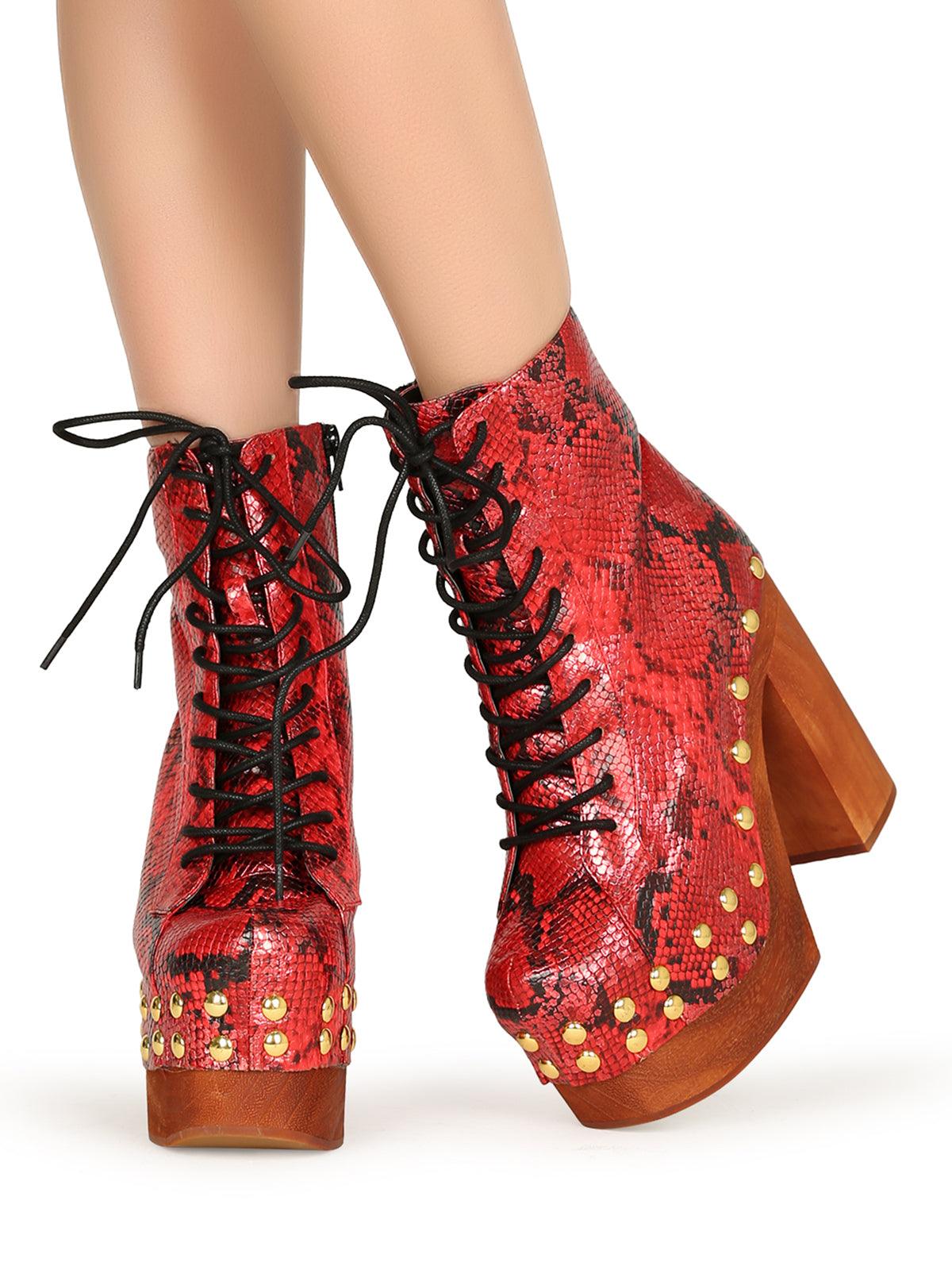 red and gold snake textured women boots with brown heel