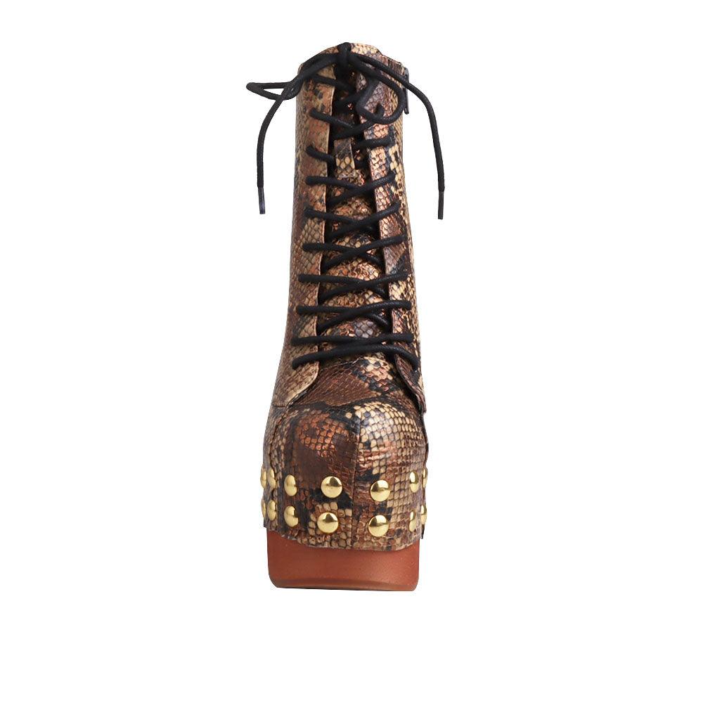 Brown and gold snake textured women boots with brown heel-front view