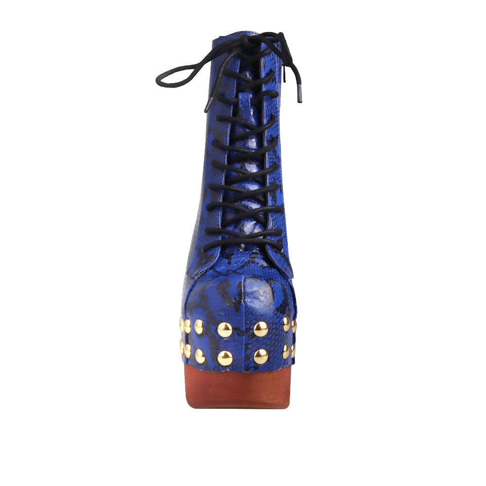 Blue and gold snake textured women boots with brown heel-front view