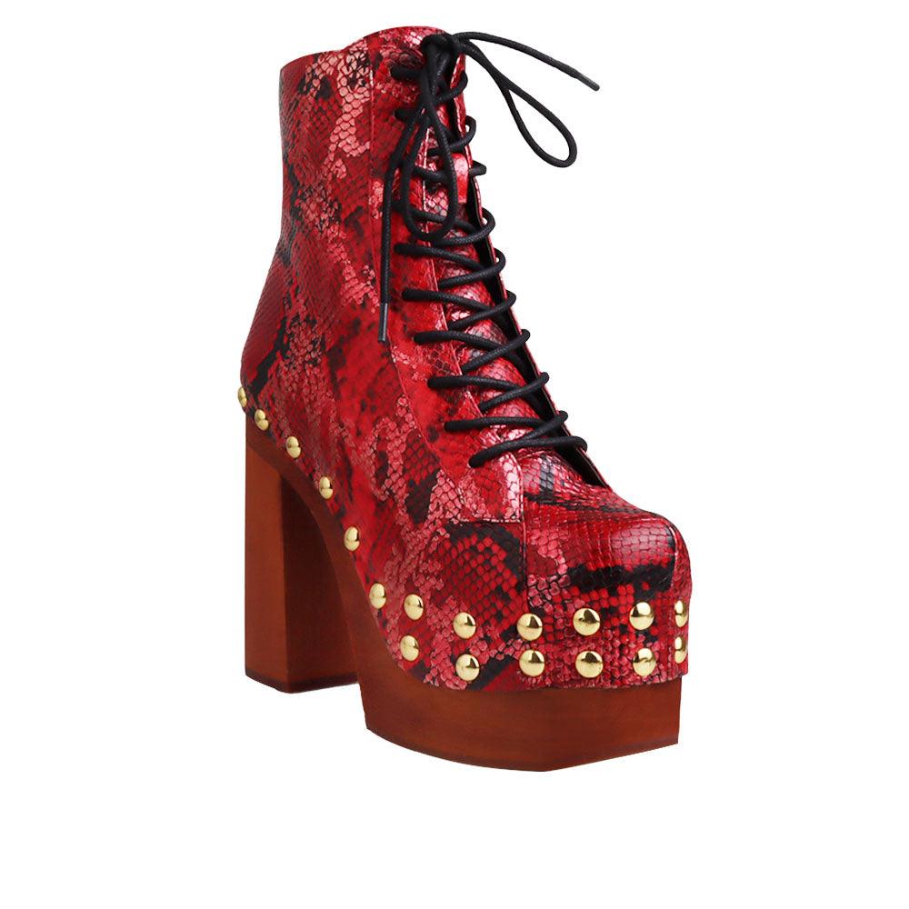 red and gold snake textured women boots with brown heel-corner view