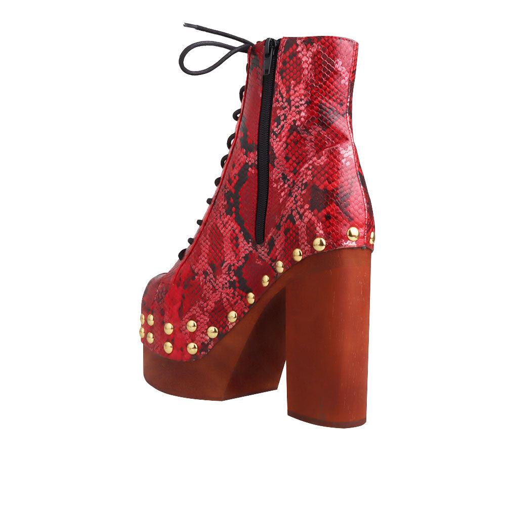 red and gold snake textured women boots with brown heel-posterior view