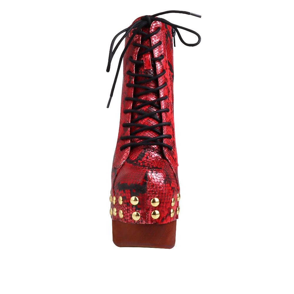 red and gold snake textured women boots with brown heel-front view