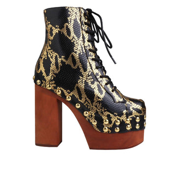 Black and gold snake textured women boots with brown heel-side view