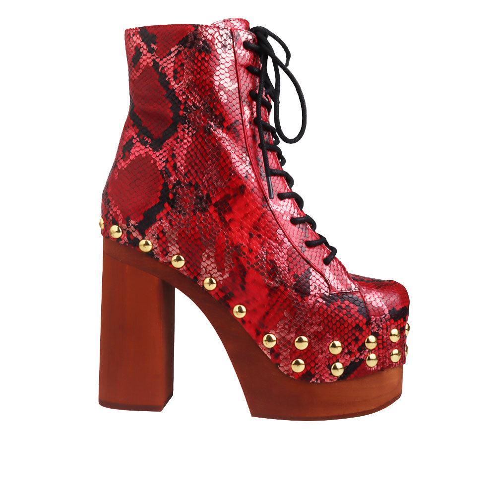 red and gold snake textured women boots with brown heel-side view