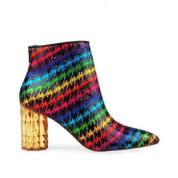 Multi colored women booties with golden heel and back zipper closure