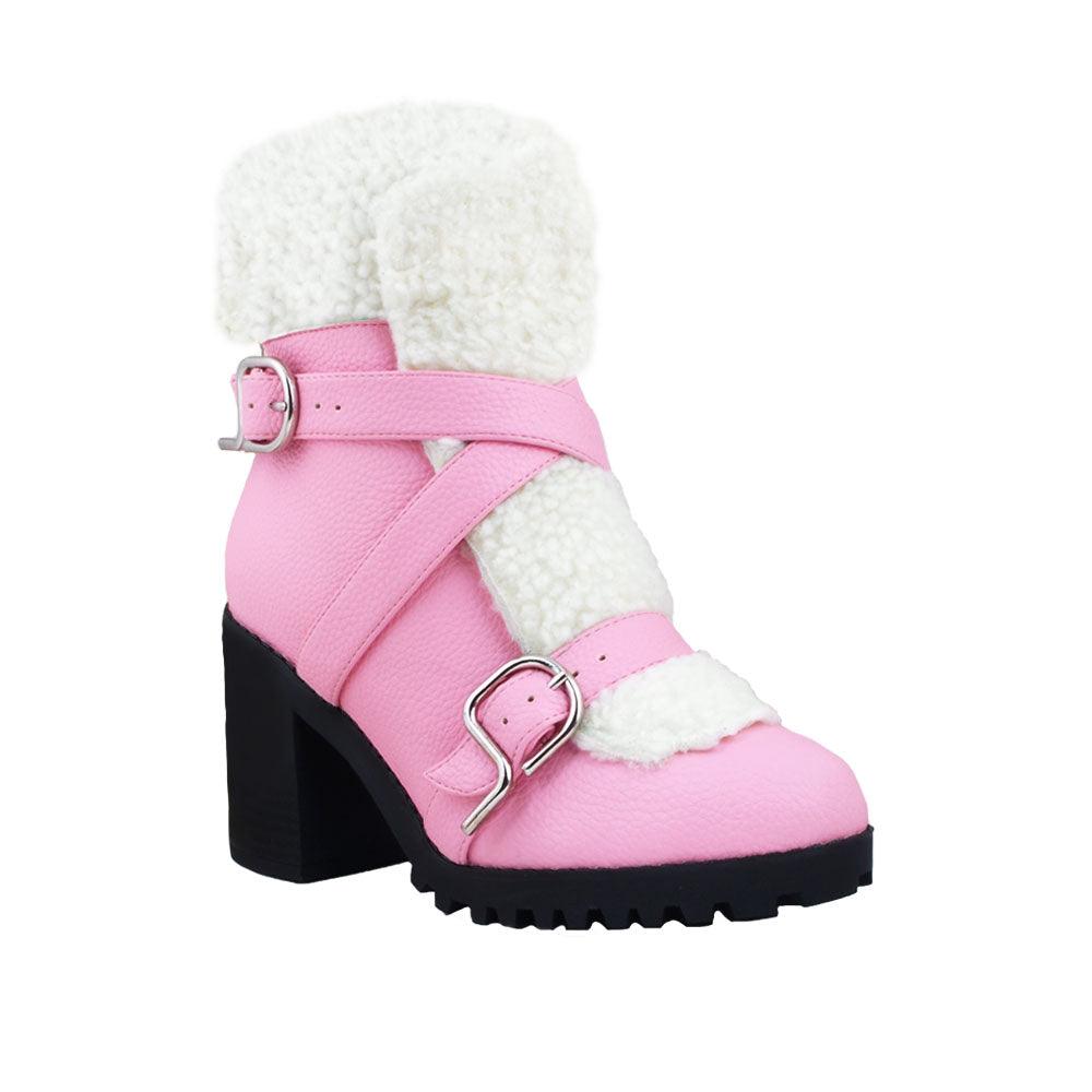 Pink colored women booties with black platform and fur top-corner view