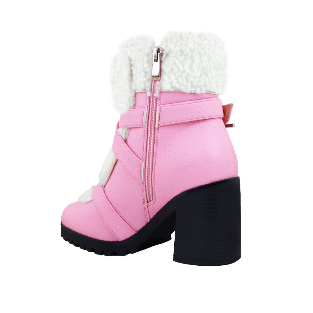 Pink colored women booties with black platform and fur top-posterior view