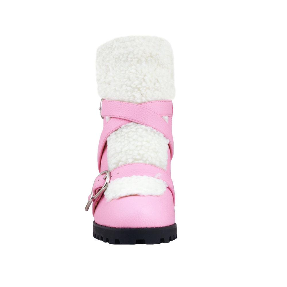 Pink colored women booties with black platform and fur top-front view